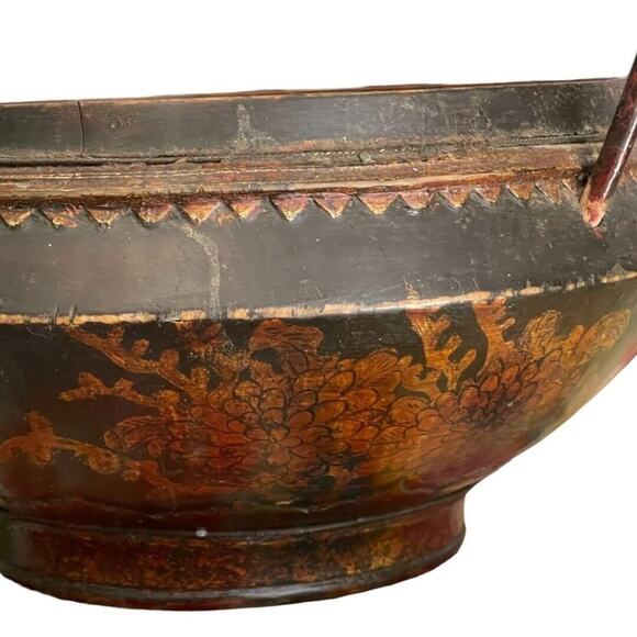 Antique Chinese Chrysanthemum Wooden Handled Bowl - Picture 2 of 11